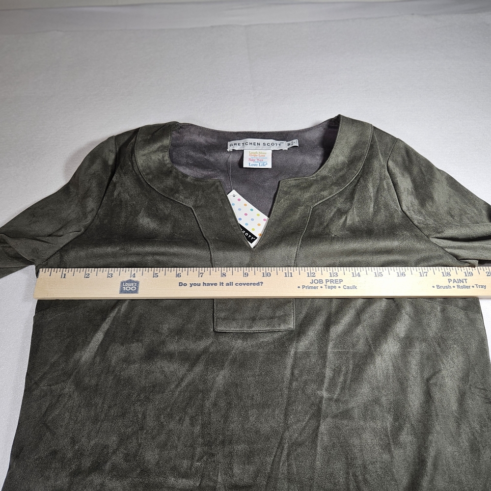 GRETCHEN SCOTT Womens Medium Olive Suede V-Neck 3/4 Sleeve Tunic Dress - Picture 5 of 7